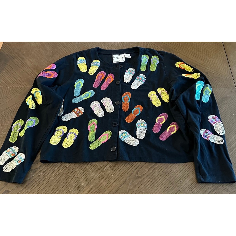 Michael Simon Lite Black Cotton Cardigan Flip Flop Sandal Embroidered Sweater M